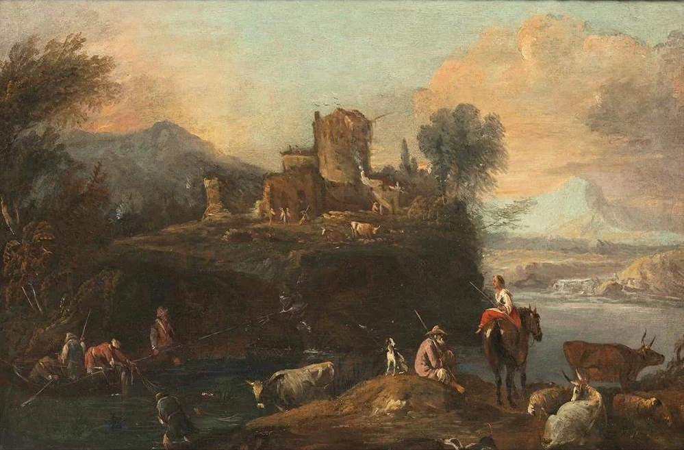 Paesaggio fluviale italiano con pescatori e pastori sulla riva